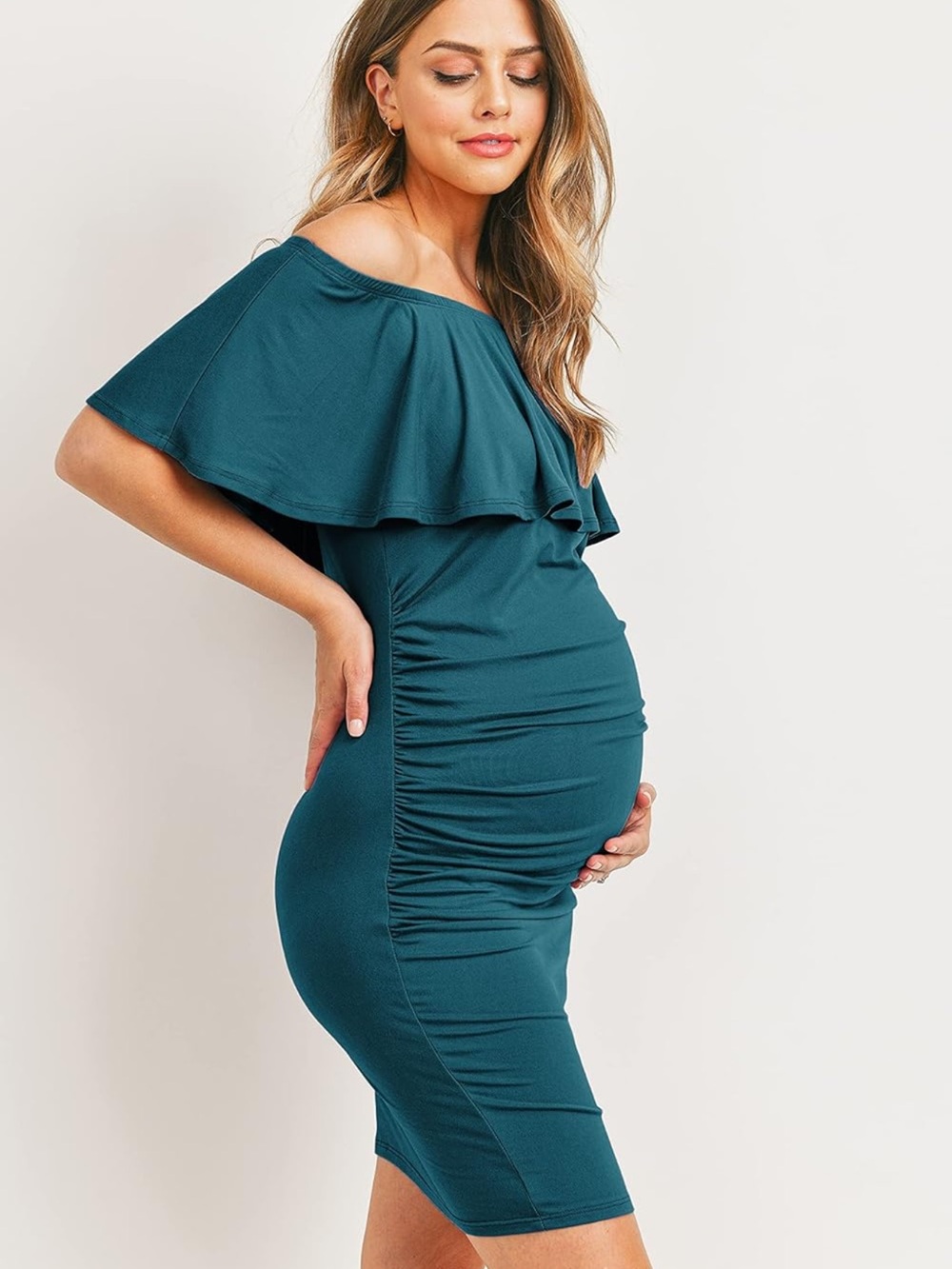 Hello Miz Maternity Off Shoulder Ruffle Dress Teal Medium NWT